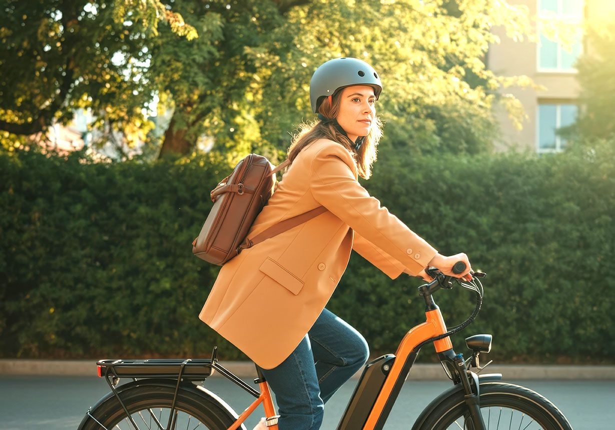 Young female professional commuting to work on her e bike, enjoying a sustainable and efficient mode of transportation